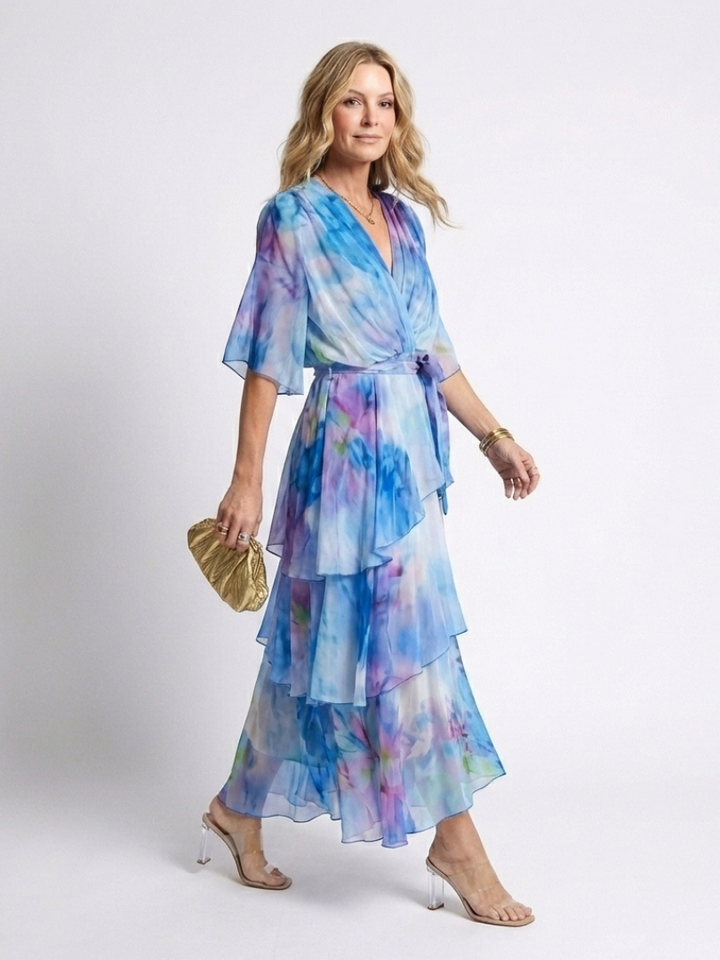 Calista | Sheer Layered V-Neck Maxi Dress with Tie Belt