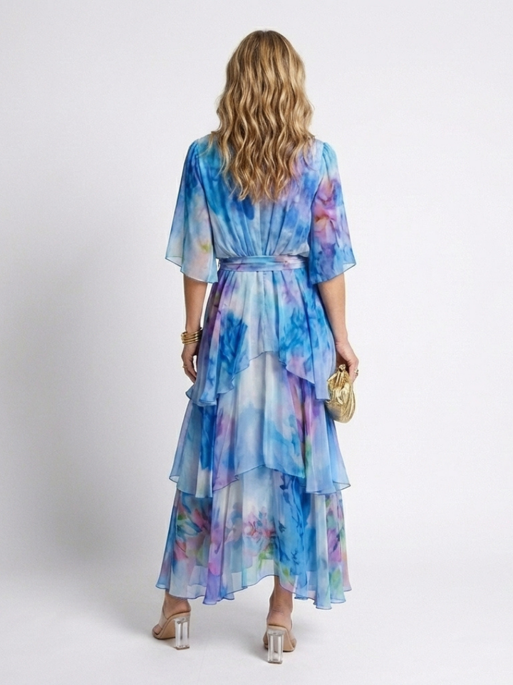 Calista | Sheer Layered V-Neck Maxi Dress with Tie Belt