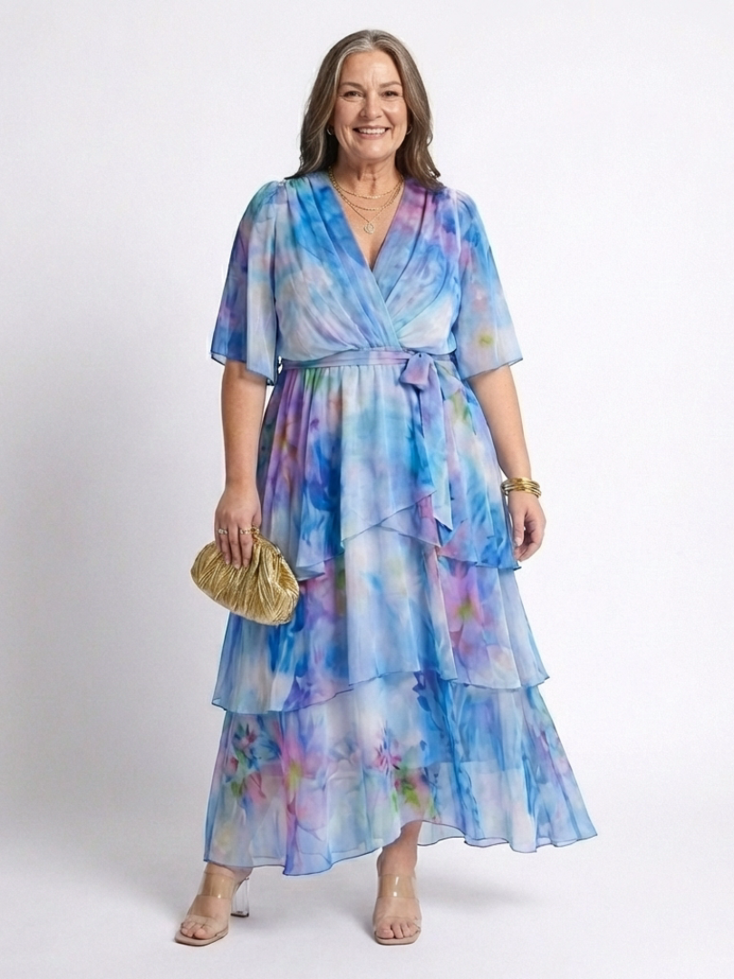 Calista | Sheer Layered V-Neck Maxi Dress with Tie Belt