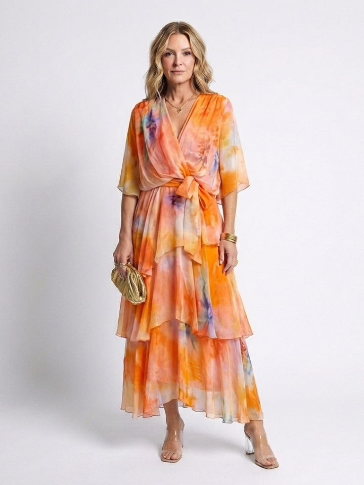 Calista | Sheer Layered V-Neck Maxi Dress with Tie Belt