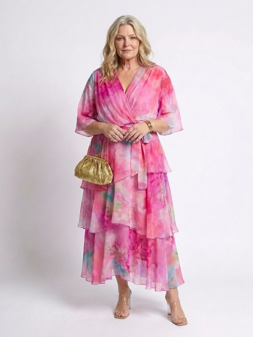 Calista | Sheer Layered V-Neck Maxi Dress with Tie Belt