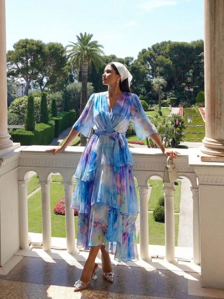 Calista | Sheer Layered V-Neck Maxi Dress with Tie Belt