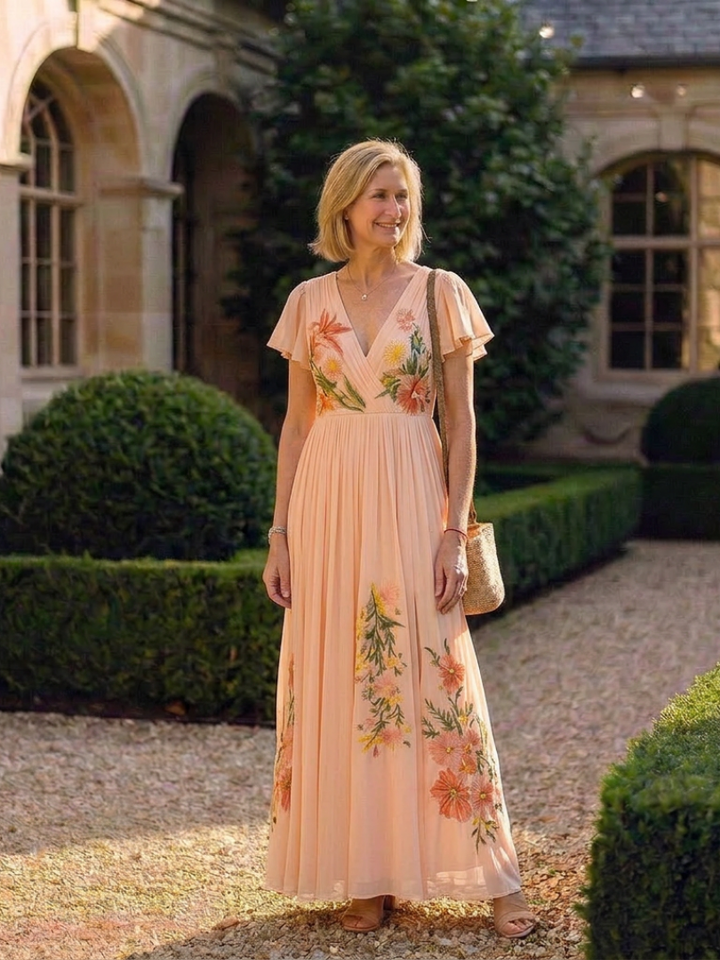 Calista | V-Neck Short Sleeve Pleated Maxi Dress