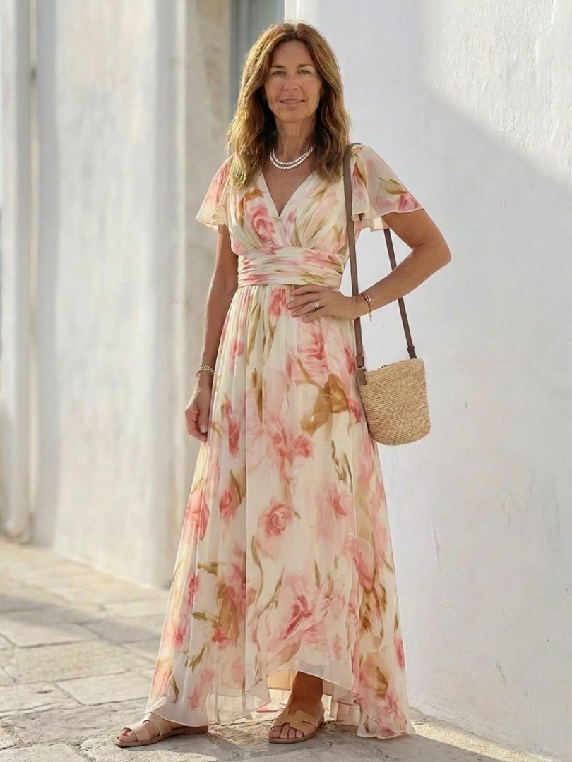 Elara | V-Neck Short Sleeve Floral Dress