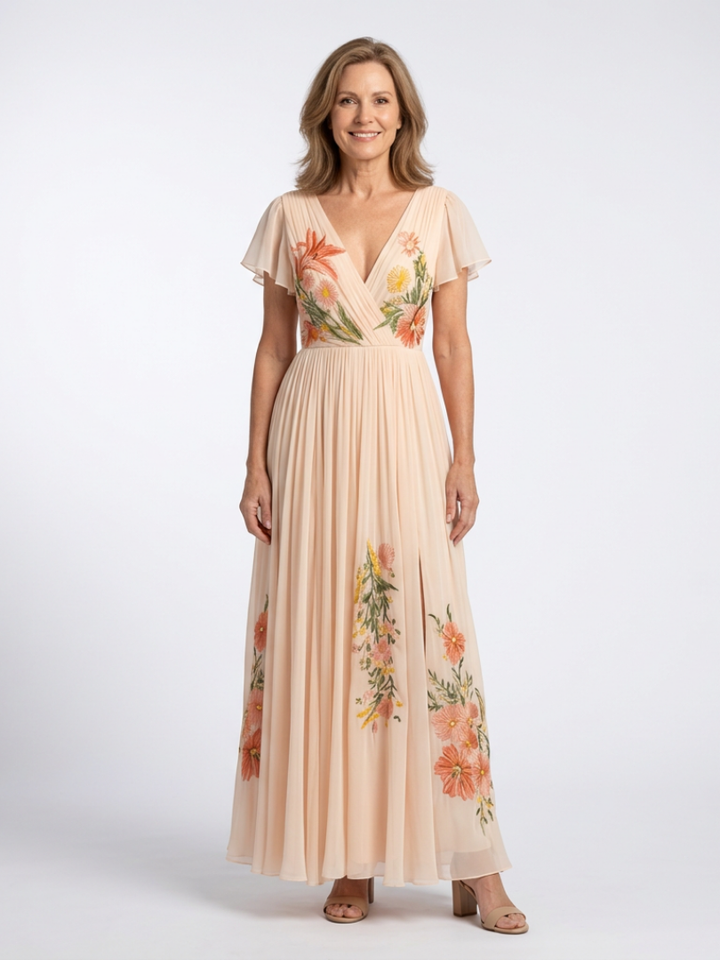 Calista | V-Neck Short Sleeve Pleated Maxi Dress