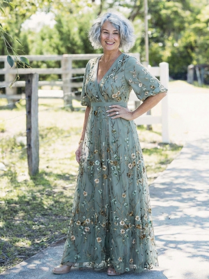 Evadne | Floral V-Neck Maxi Dress with Short Sleeves